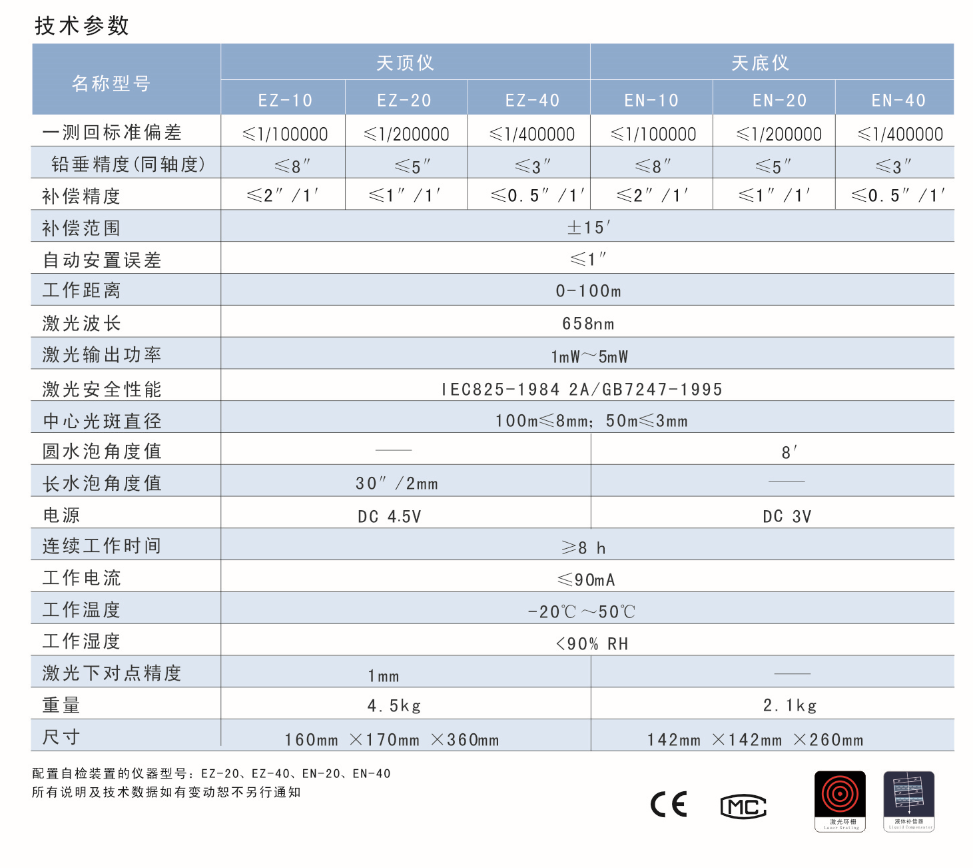 EZ-10、EZ-20、EZ-40激光自動(dòng)安平天頂儀/上垂準(zhǔn)儀技術(shù)參數(shù)